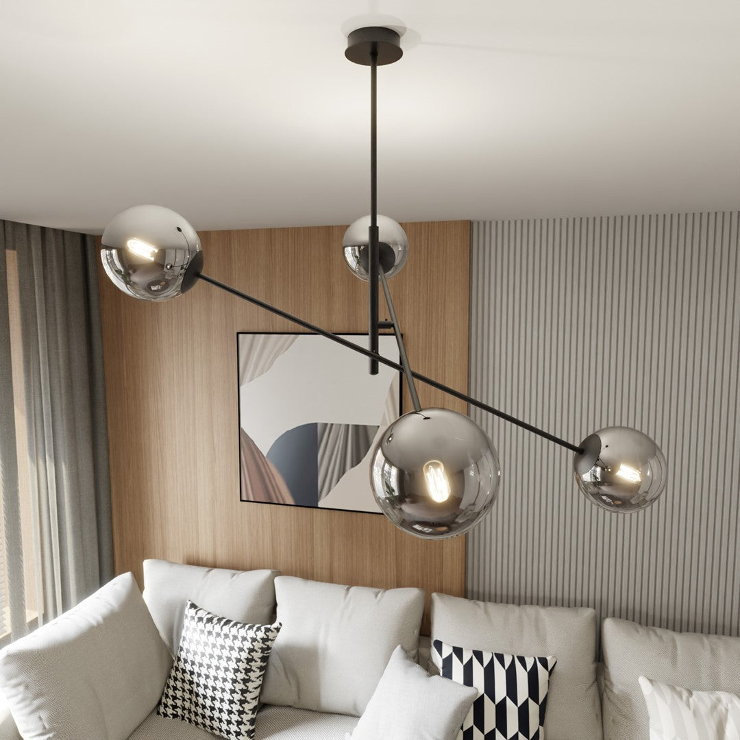 4-light linear pendant, black, graphite glass