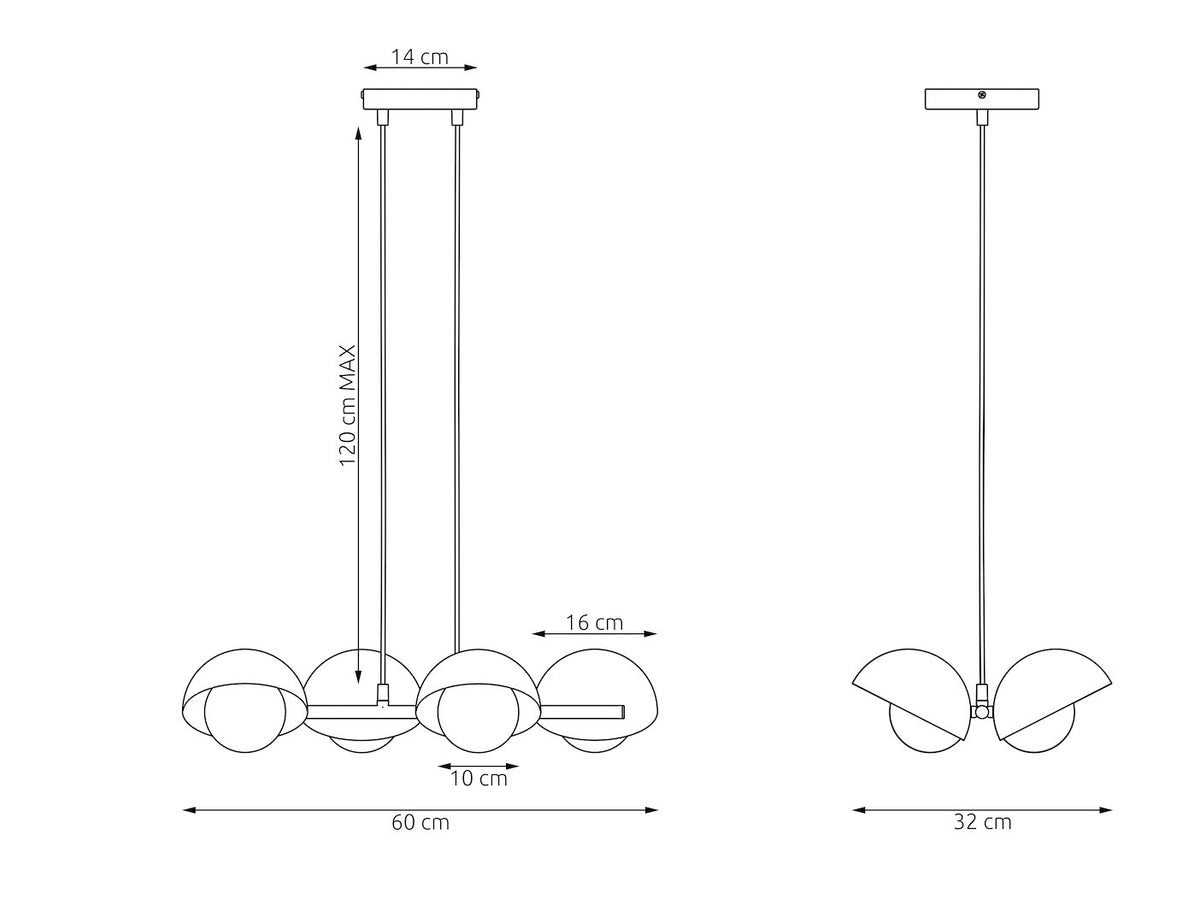 Schéma coté du luminaire : hauteur réglable 120 cm, largeur 60 cm, profondeur 32 cm.
