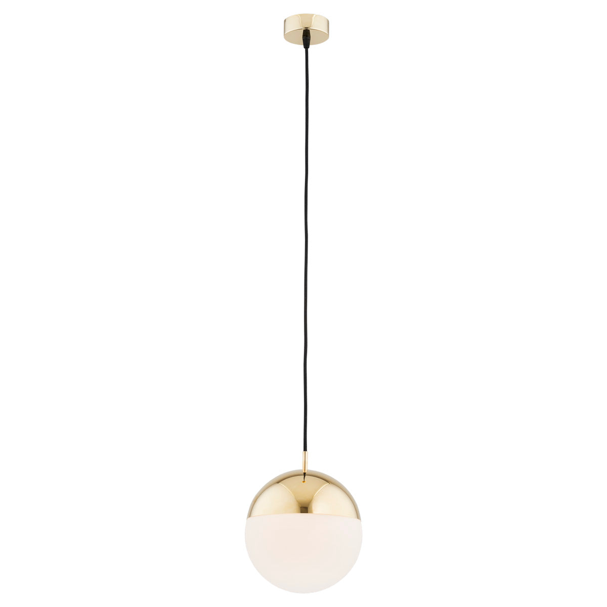Suspension dorée, sphère en verre opalin et câble noir, vue de face
