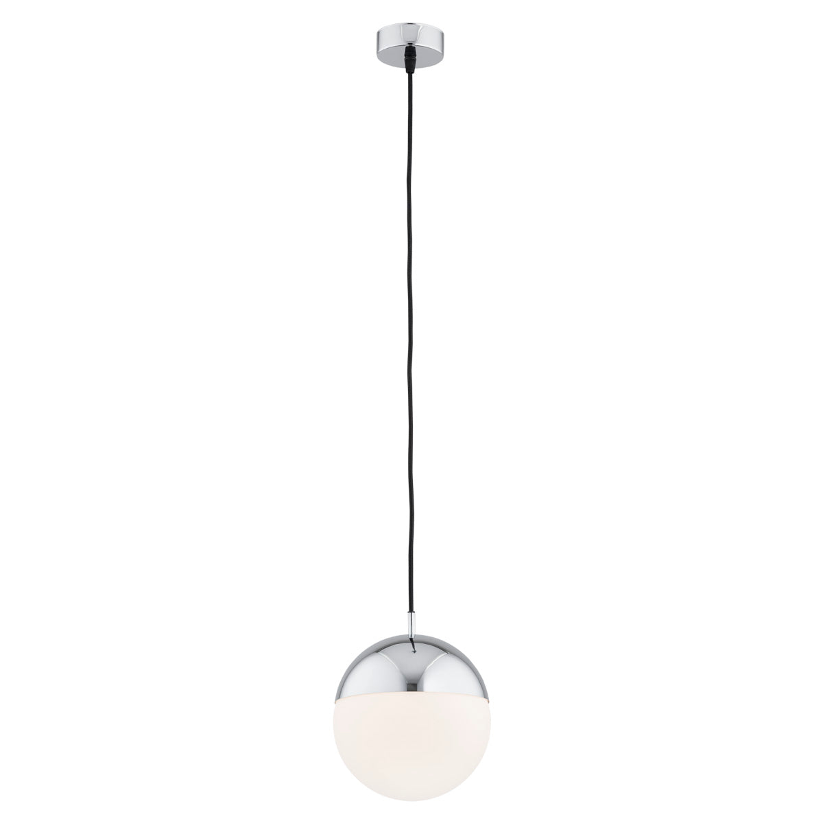 Version chromée du même luminaire suspendu, sphère blanche et finition argentée