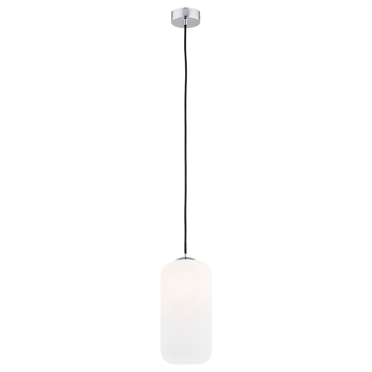 Suspension en verre opalin blanc et rosace chromée, vue de face sur fond blanc
