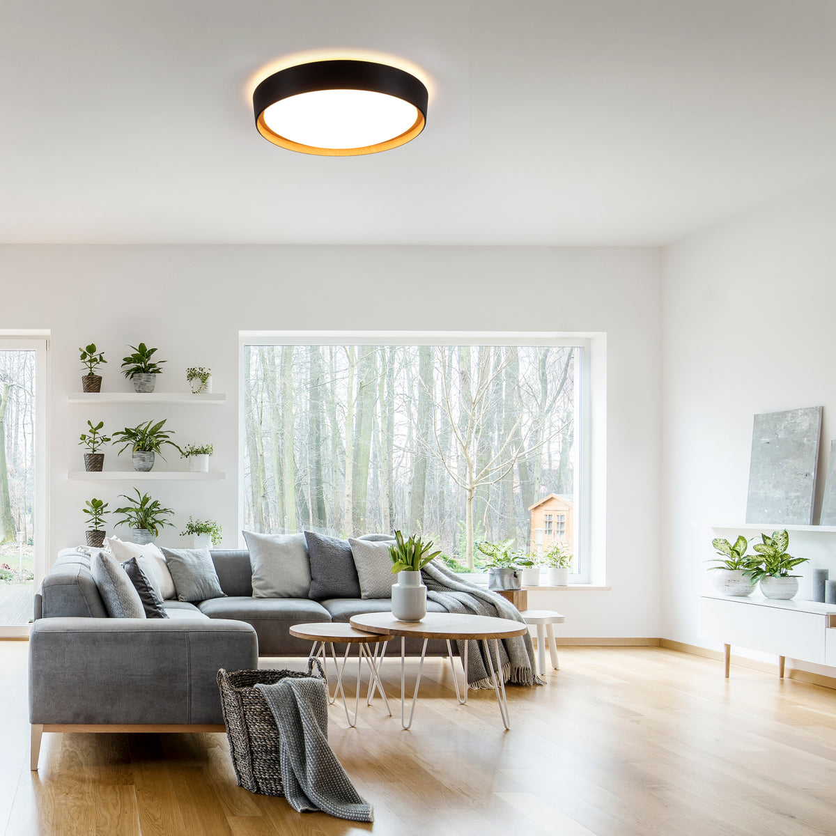 Mise en ambiance du plafonnier allumé au plafond d'un salon lumineux