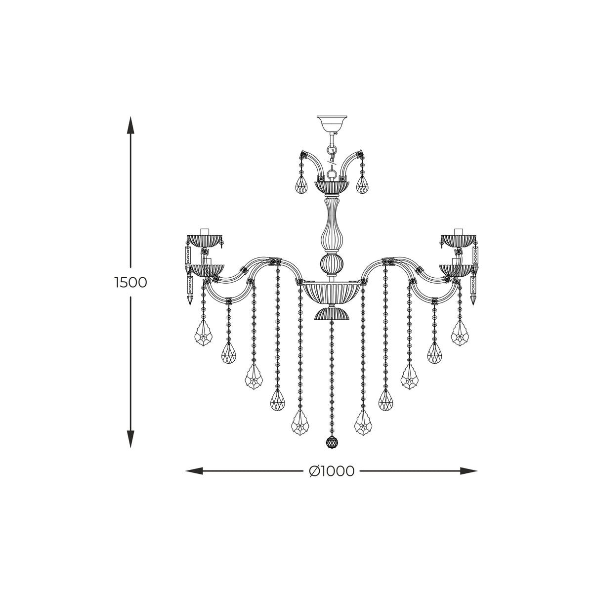 Schéma de dimensions du lustre avec hauteur 1500 et diamètre 1000.