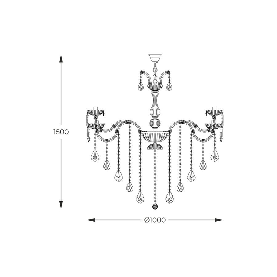 Schéma de dimensions du lustre avec hauteur 1500 et diamètre 1000.