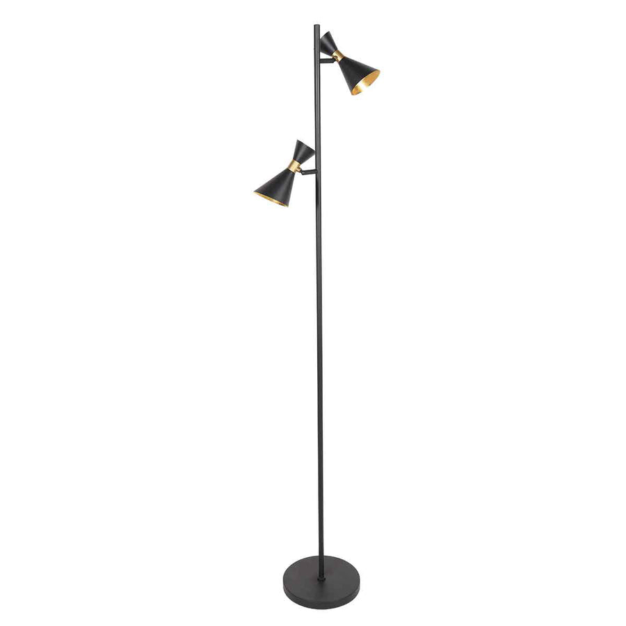 Lampadaire GU10 noir Preto à 2 spots orientables, abat-jour diabolo et laiton, sur fond clair