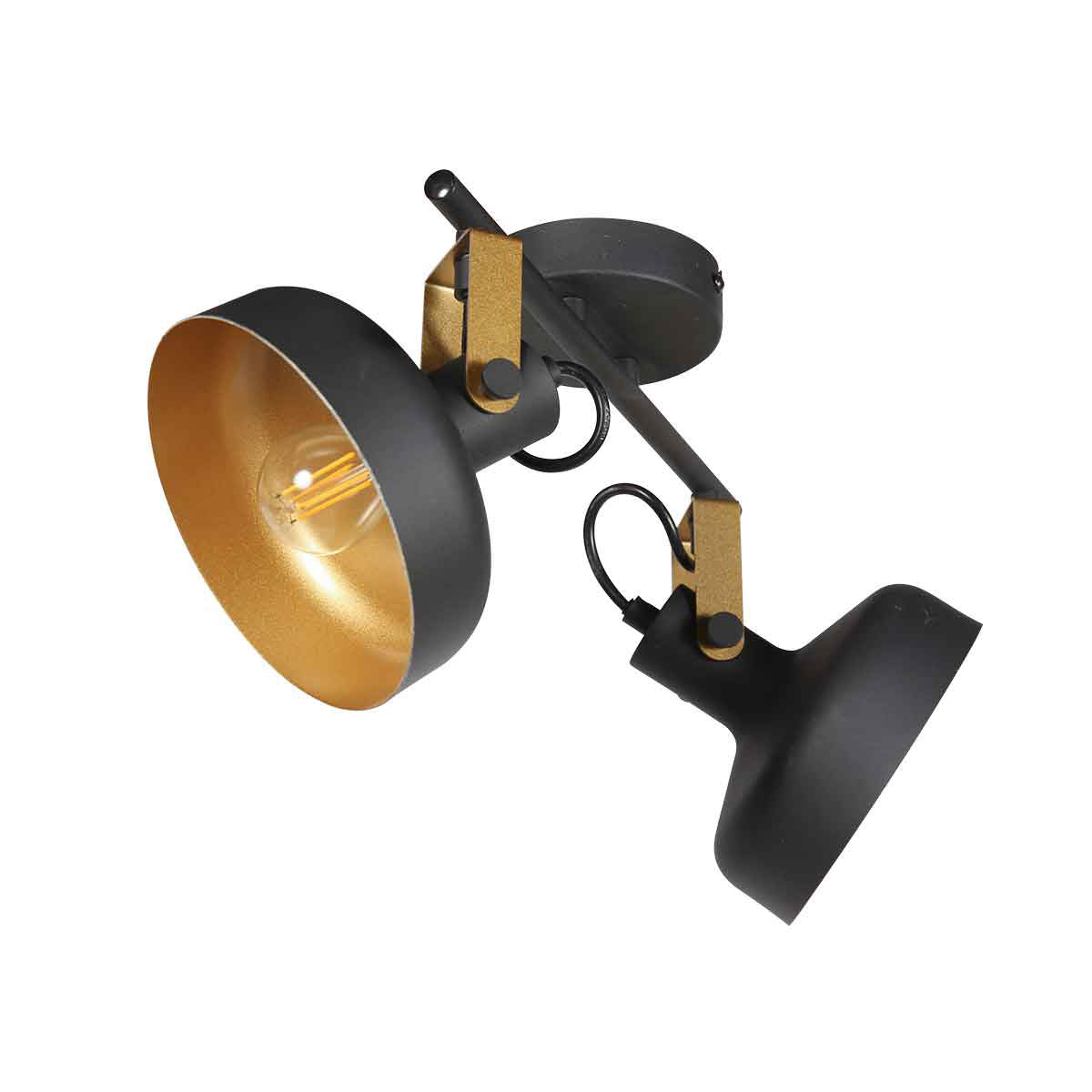 Détail d'une tête orientable, coque noire et réflecteur doré avec ampoule