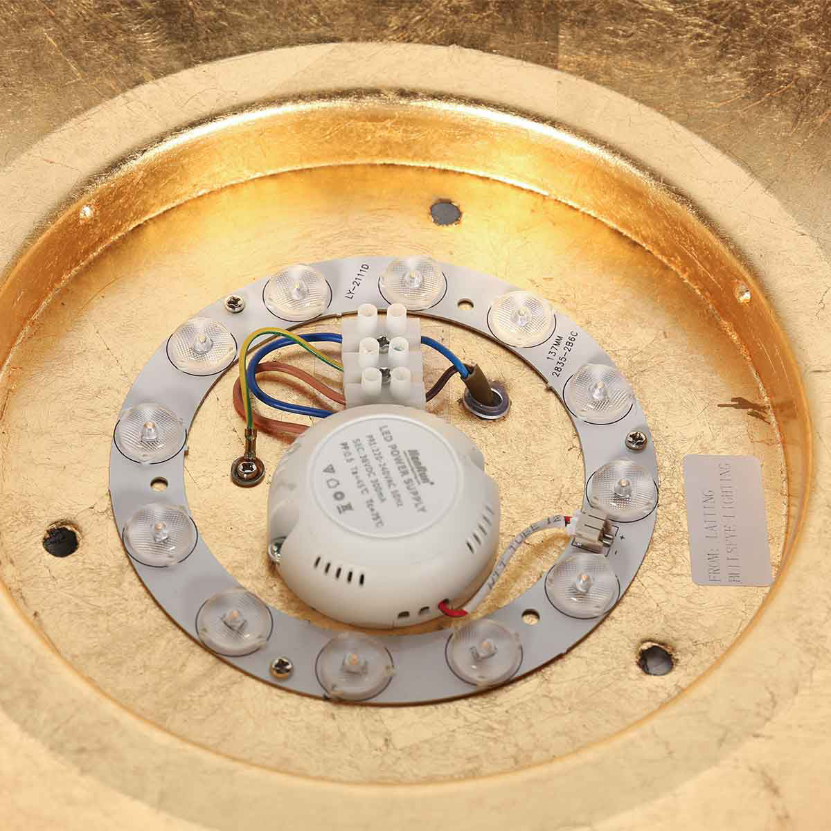 Détail technique de la platine LED et du bloc d'alimentation intégré au luminaire.
