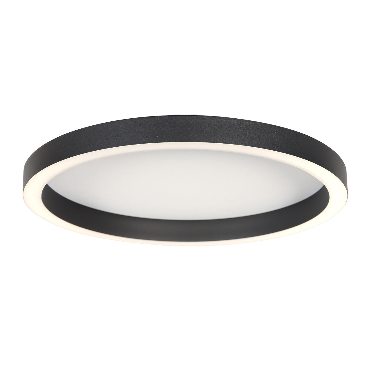 Vue de face du plafonnier rond noir avec anneau lumineux blanc périphérique