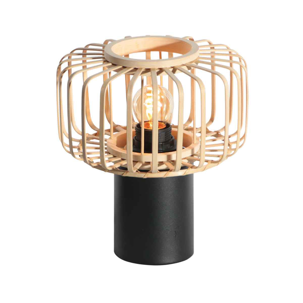 Small black Bloeba 4143ZW table lamp with a natural bamboo lampshade