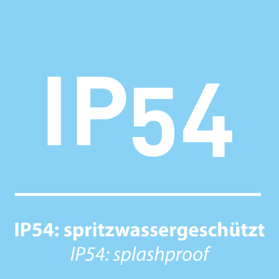Visuel IP54 sur fond bleu, mention étanche aux projections d'eau.