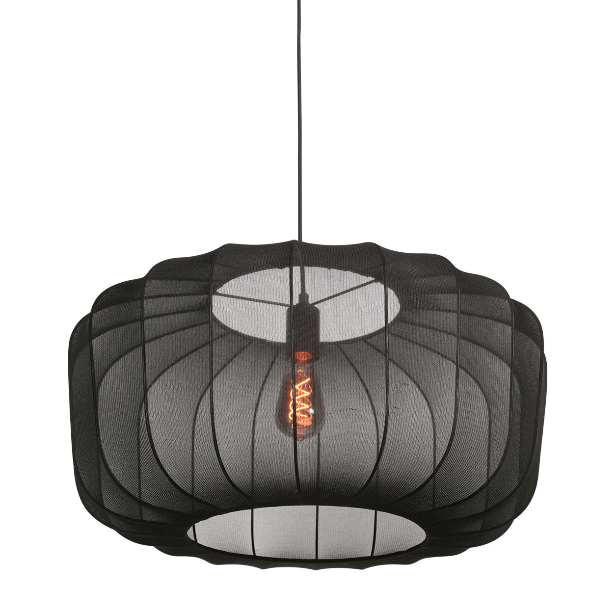 Suspension noire en maille fine, ampoule filament allumée, vue de face