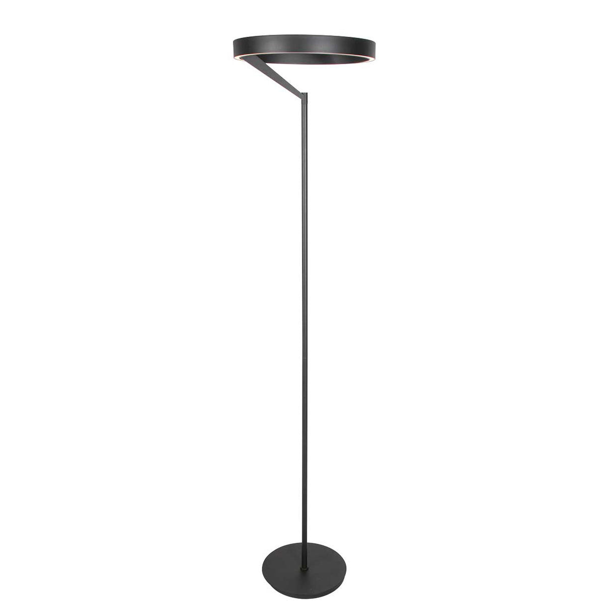 Lampadaire noir entier vu de face avec anneau lumineux horizontal et socle rond