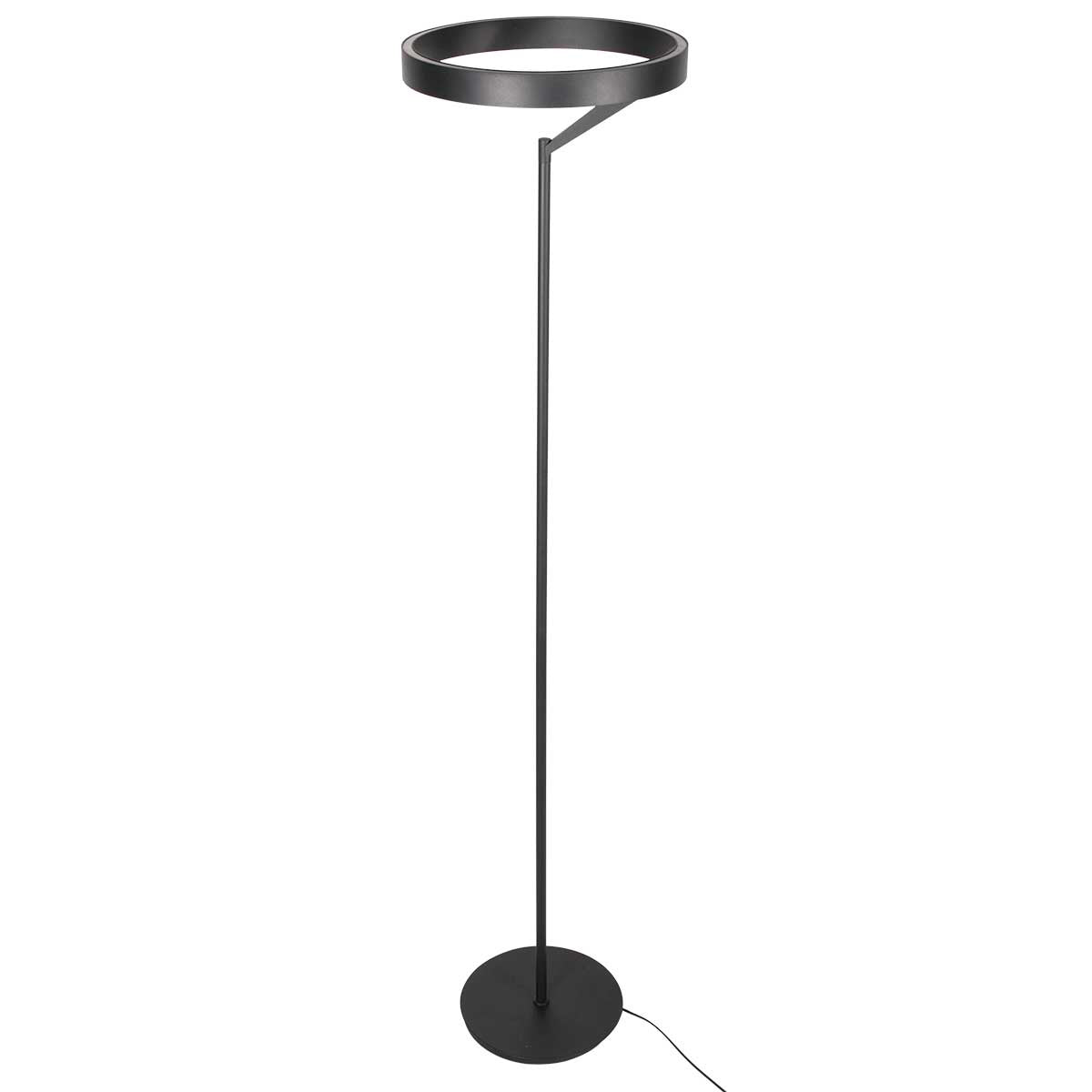 Gros plan du cercle lumineux vu de dessous, structure en métal noir mat