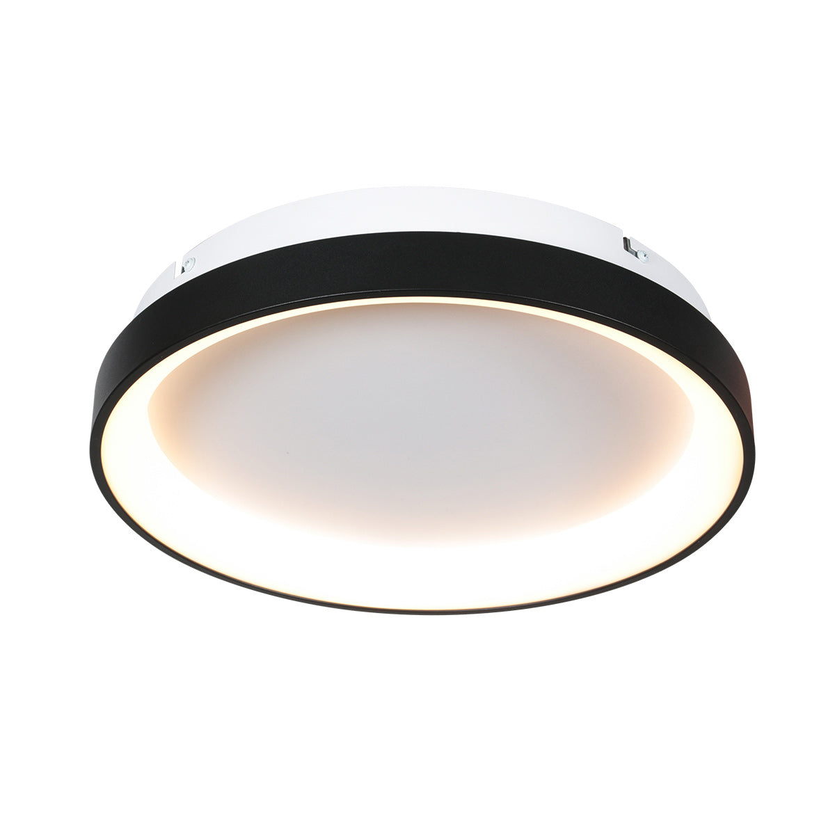 Plafonnier rond vu de biais, cerclage noir et diffuseur blanc allumé