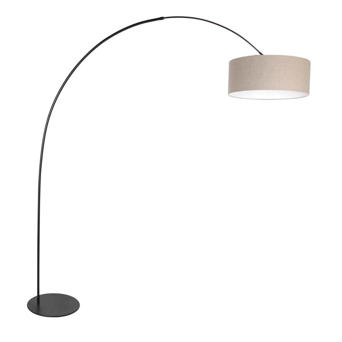 Lampadaire arc noir avec abat-jour cylindrique en lin gris clair, base ronde.