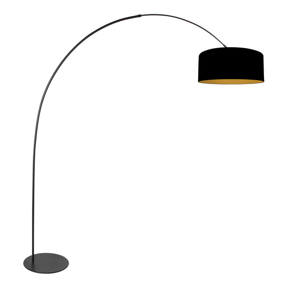 Curve 4270ZW black floor lamp with black linen lampshade with gold interior – unique design and functional use