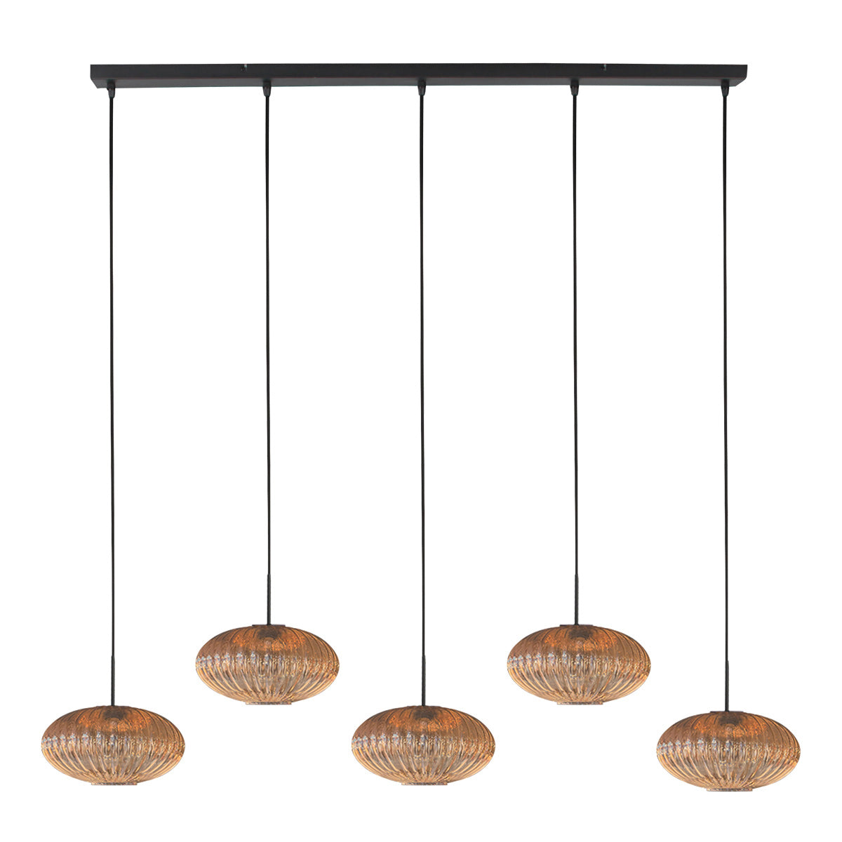 Suspension barre verre fumé ambré HaloSwap vue de face, 5 abat-jours nervurés