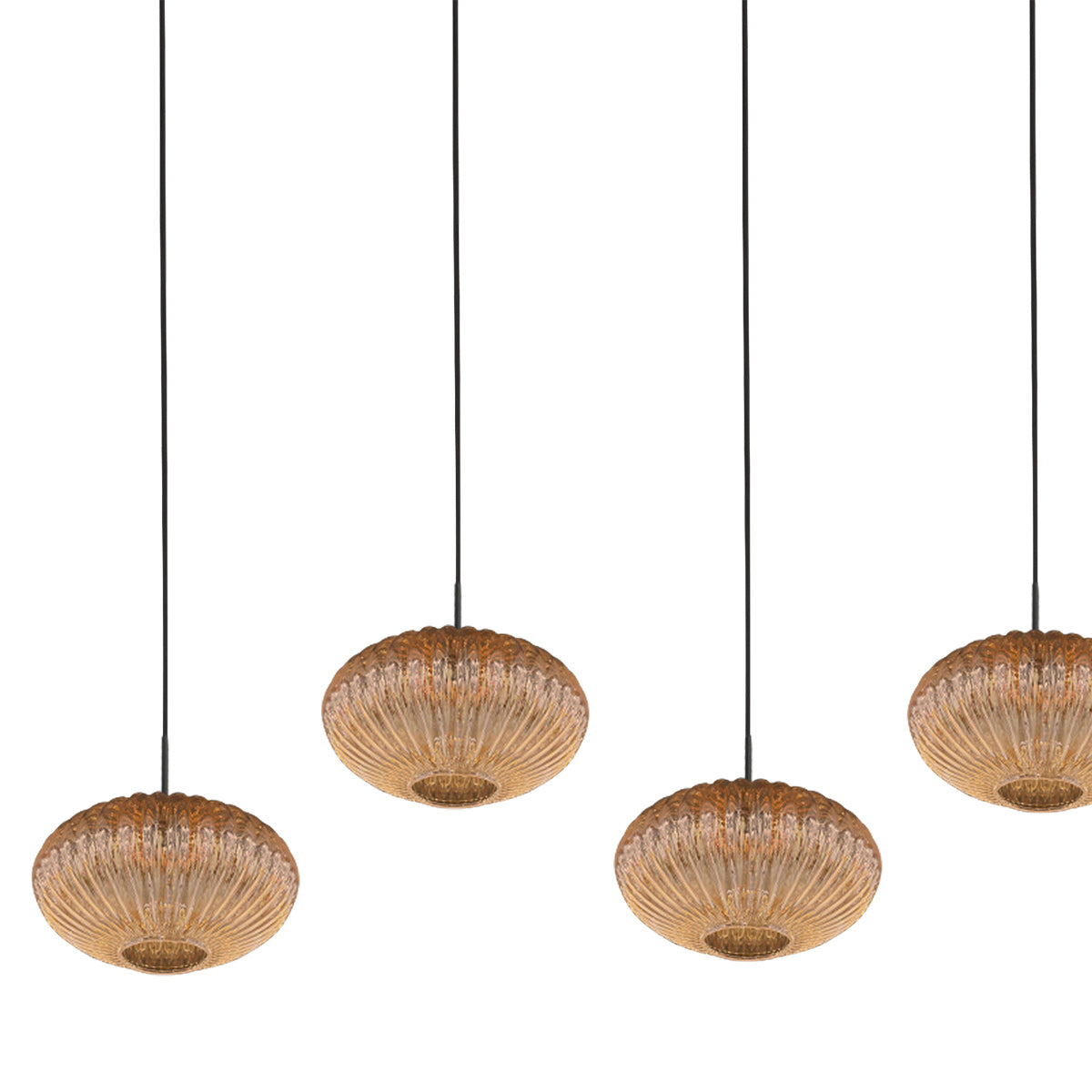 Abat-jours en verre ambré nervuré de la suspension HaloSwap suspendus à hauteurs variées