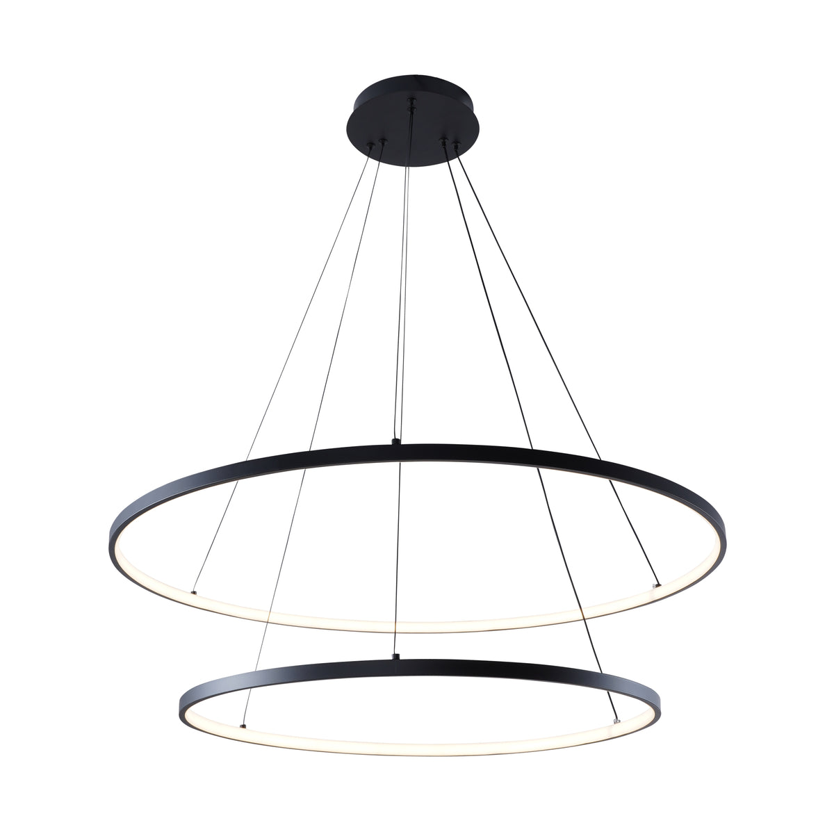 Vue de face de la suspension double anneaux noire avec éclairage LED intégré sur fond blanc.
