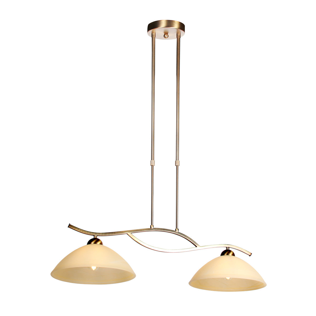 Suspension verre ambré Anthea, vue d'ensemble barre bronze et 2 abat-jours crème – Designix.fr