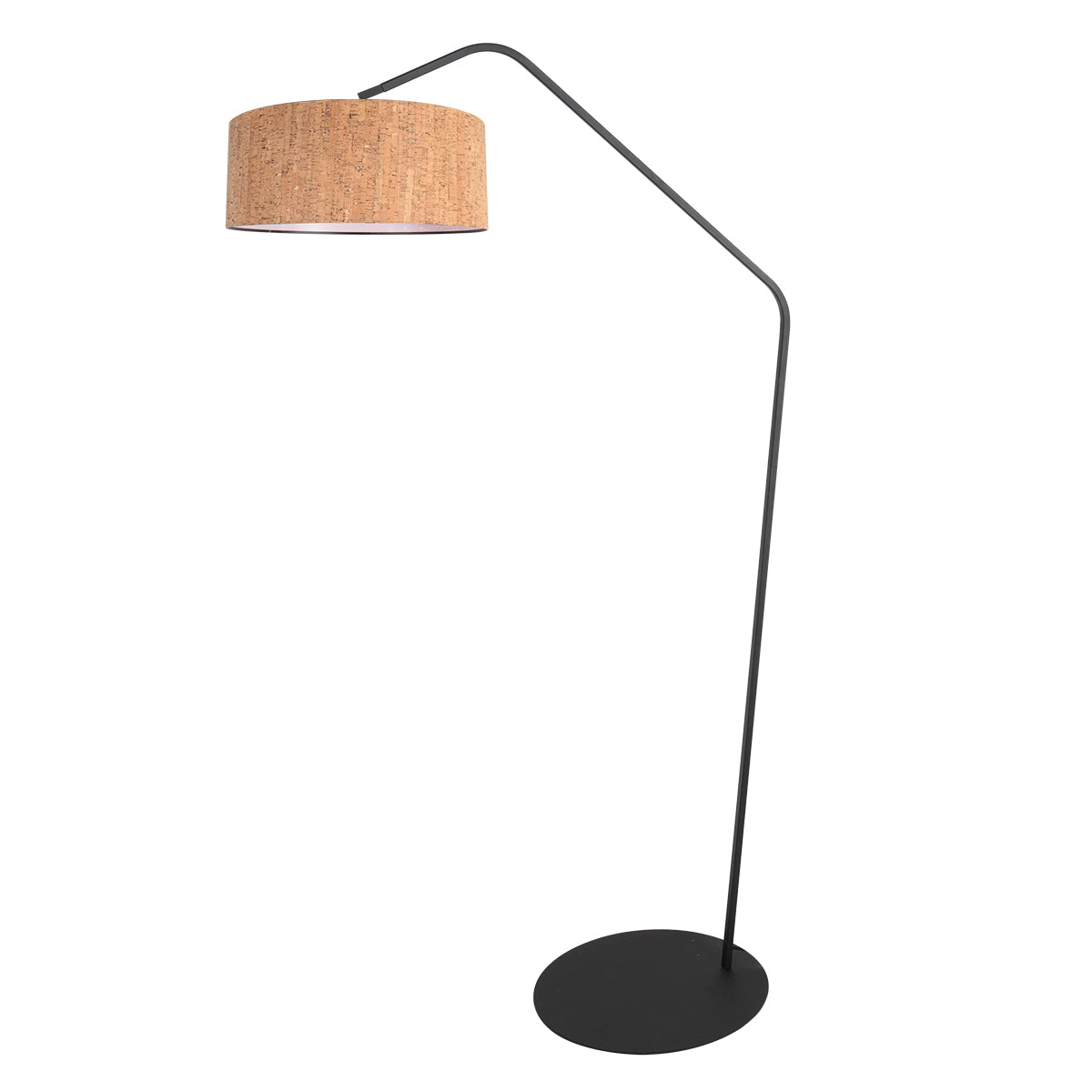 Autre angle du lampadaire, abat-jour en liège et structure métallique noire inclinée vers la gauche.