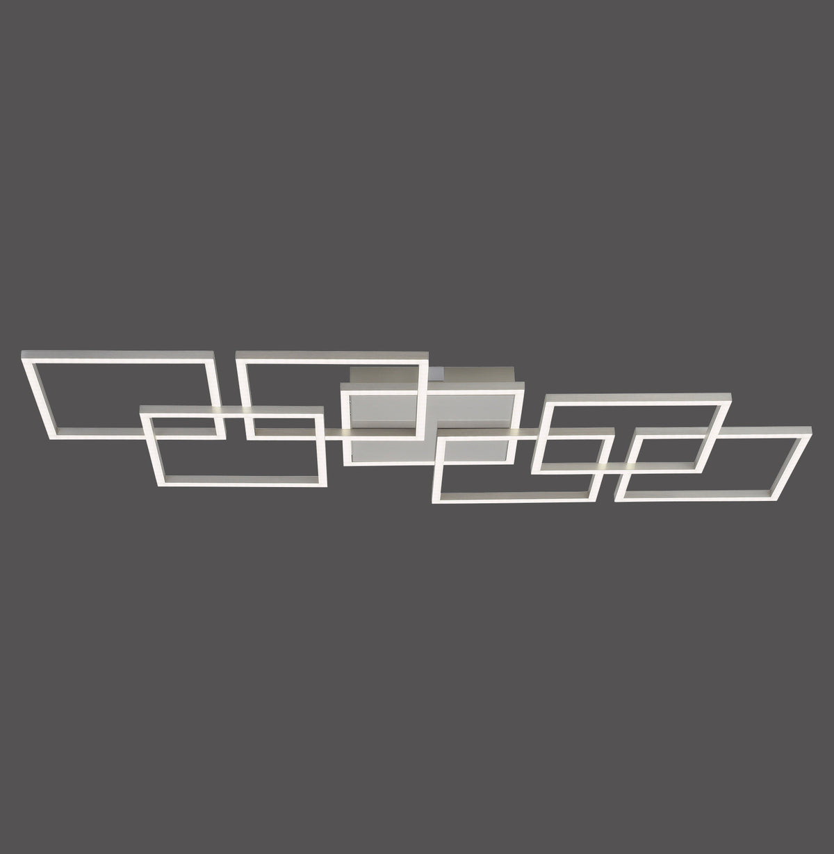 Plafonnier éteint vu de face, rectangles imbriqués en acier sur fond gris uni