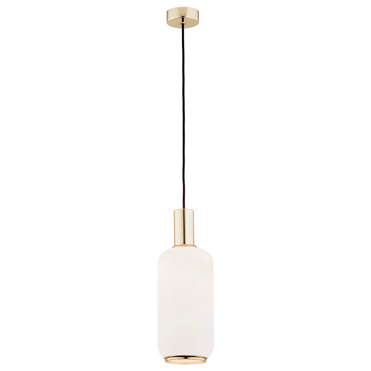 Suspension à abat-jour cylindrique en verre opalin et finitions dorées, vue de face