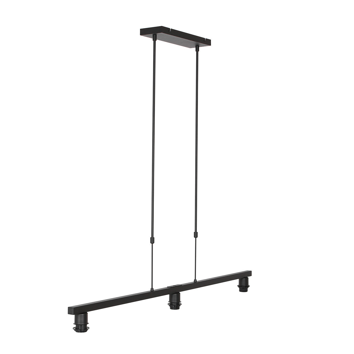 Vue en angle de la structure seule, barre noire et trois douilles apparentes sans abat-jours