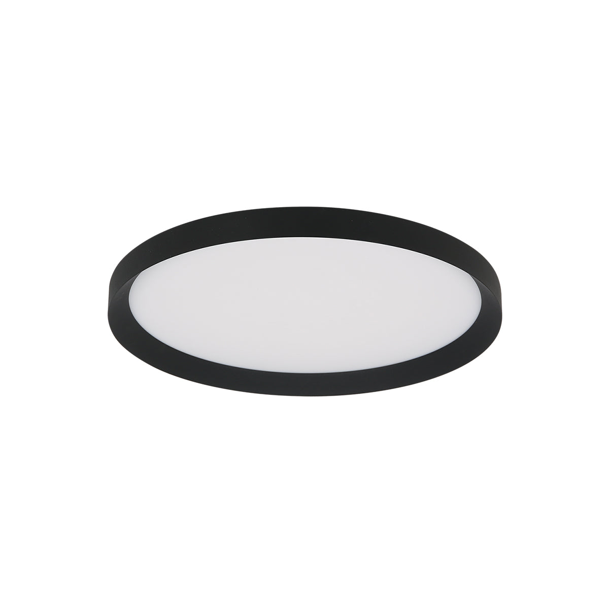 Face éteinte du luminaire rond, bord noir mat et diffuseur opale blanc