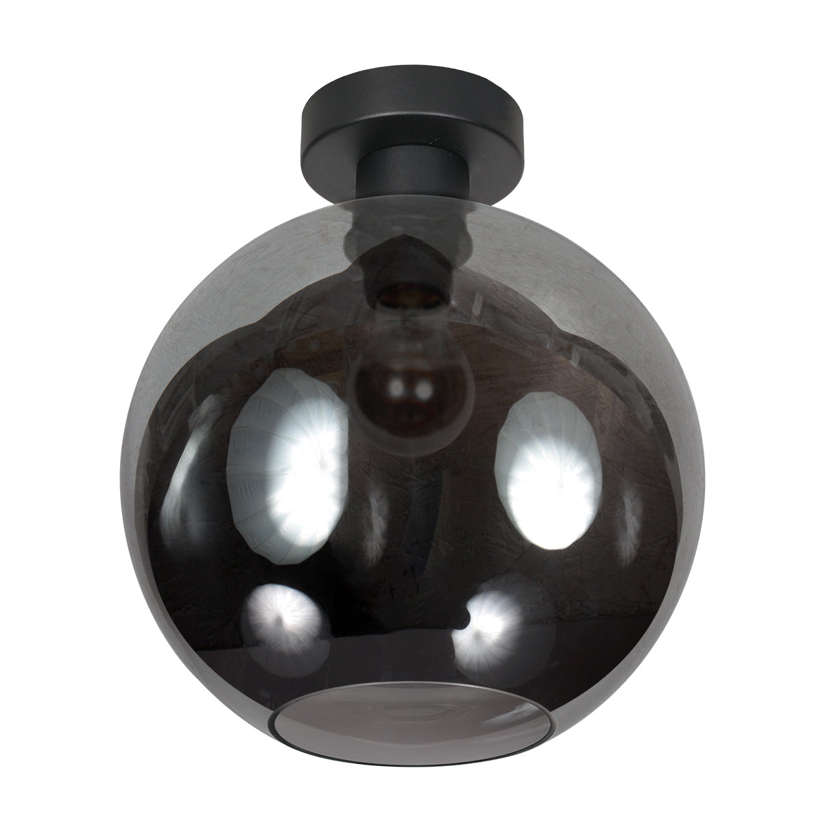 Plafonnier vu de face avec globe en verre fumé et embase noire au plafond