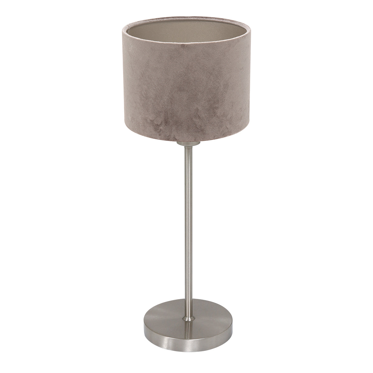 Noor 4412ST table lamp – in brushed steel with a taupe velvet lampshade