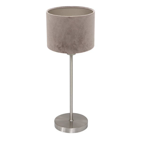 Noor 4412ST table lamp – in brushed steel with a taupe velvet lampshade