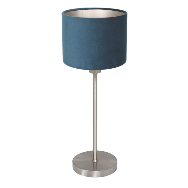 Noor 4417ST table lamp – brushed steel with blue velvet lampshade