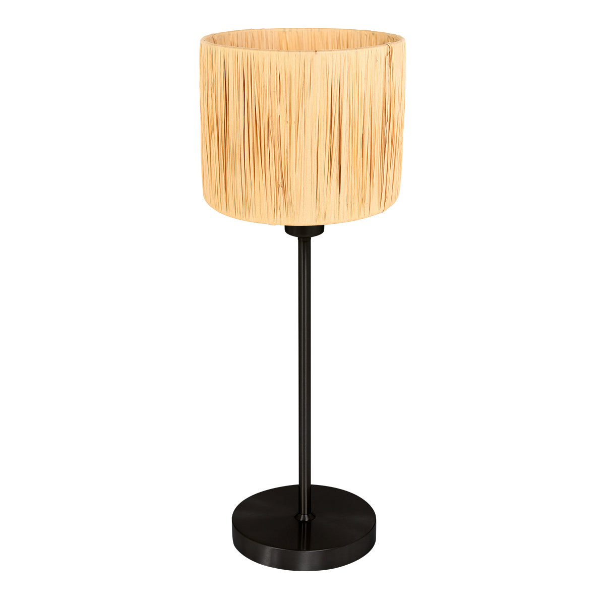 Lampe à poser entière, abat-jour cylindrique en rotin naturel et pied métal noir