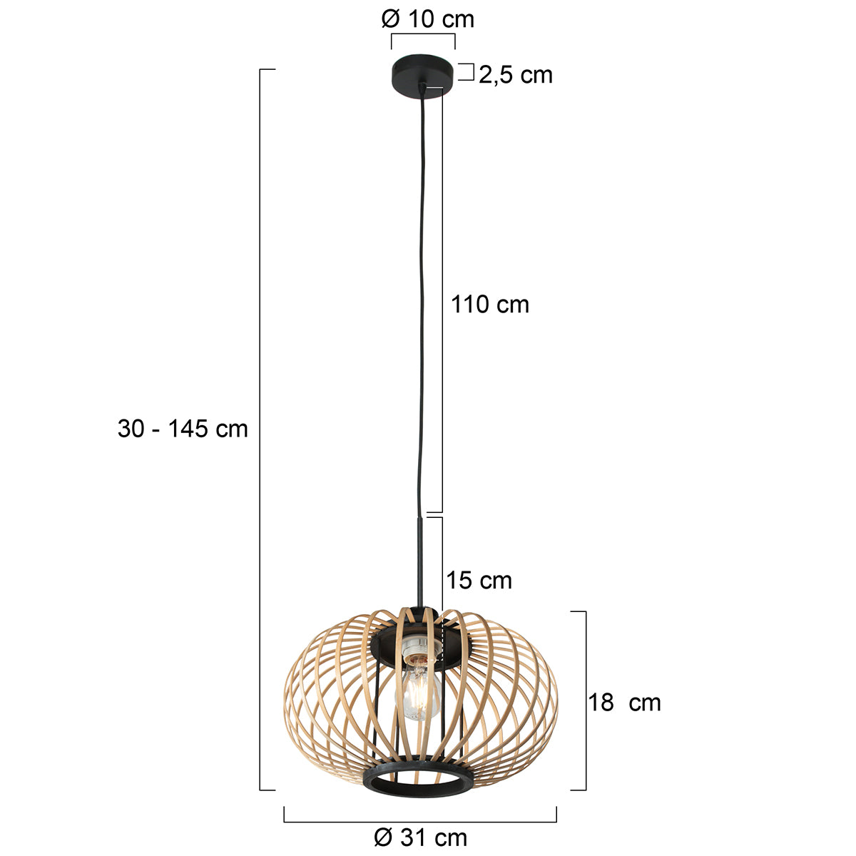 Dimensions de la suspension bambou Kubu : abat-jour Ø 31 cm, hauteur 18 cm, câble réglable 30-145 cm
