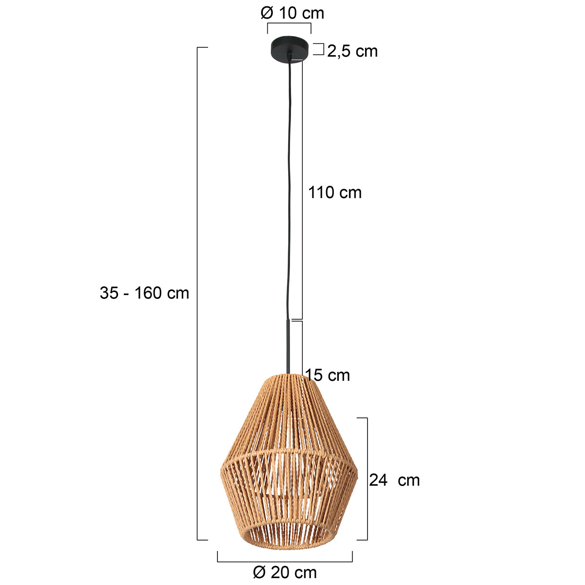 Dimensions : abat-jour Ø 20 cm, hauteur 24 cm, câble réglable de 35 à 160 cm
