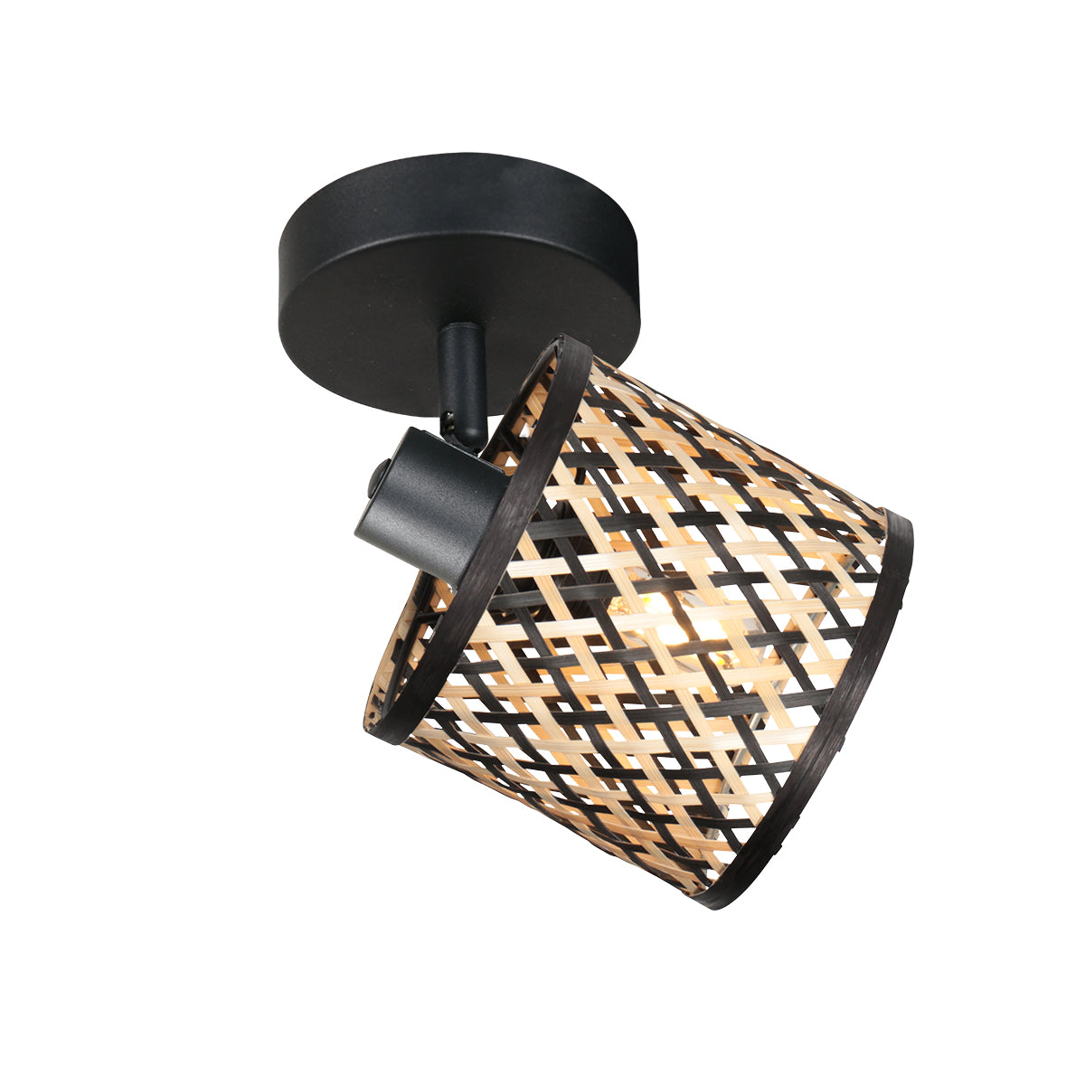 Spot bambou Bali monté au plafond, abat-jour tressé noir et naturel et tête orientable