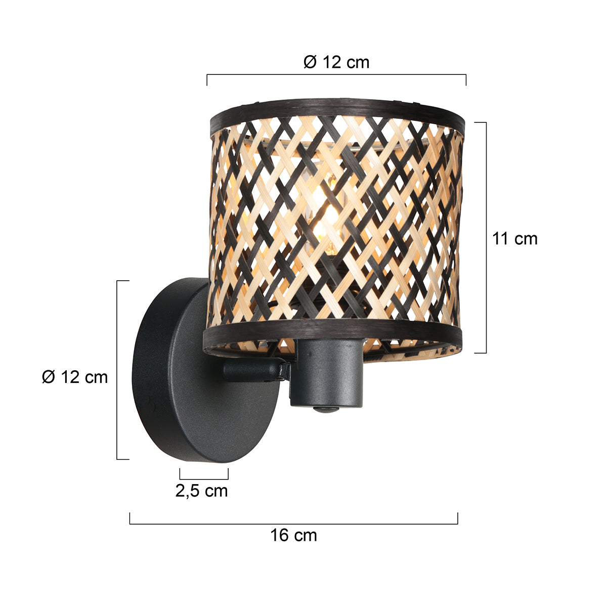 Dimensions du spot bambou Bali : abat-jour Ø 12 cm, hauteur 11 cm, platine Ø 12 cm