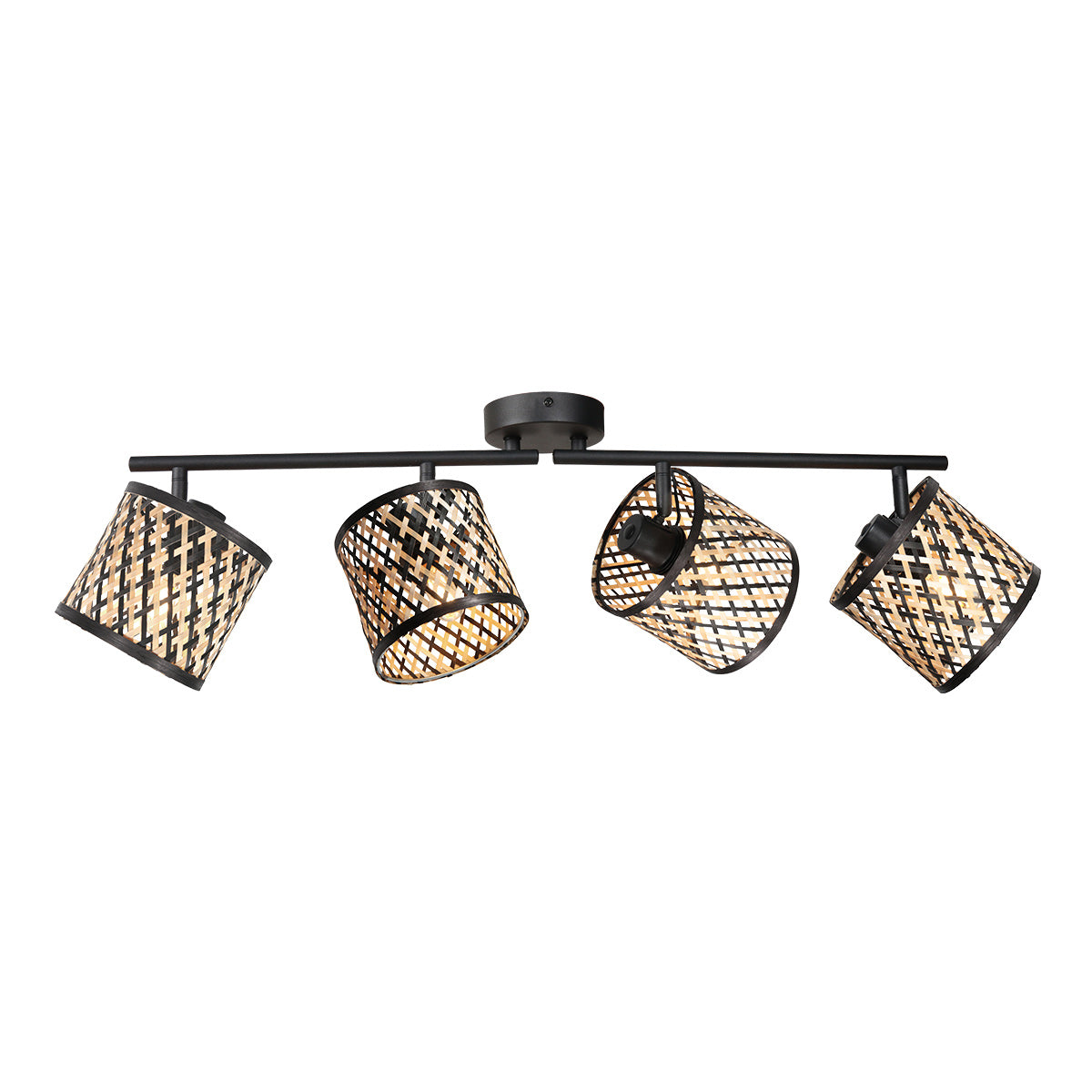 Plafonnier barre 4 spots bambou Timor de trois quarts, spots orientables en métal noir mat