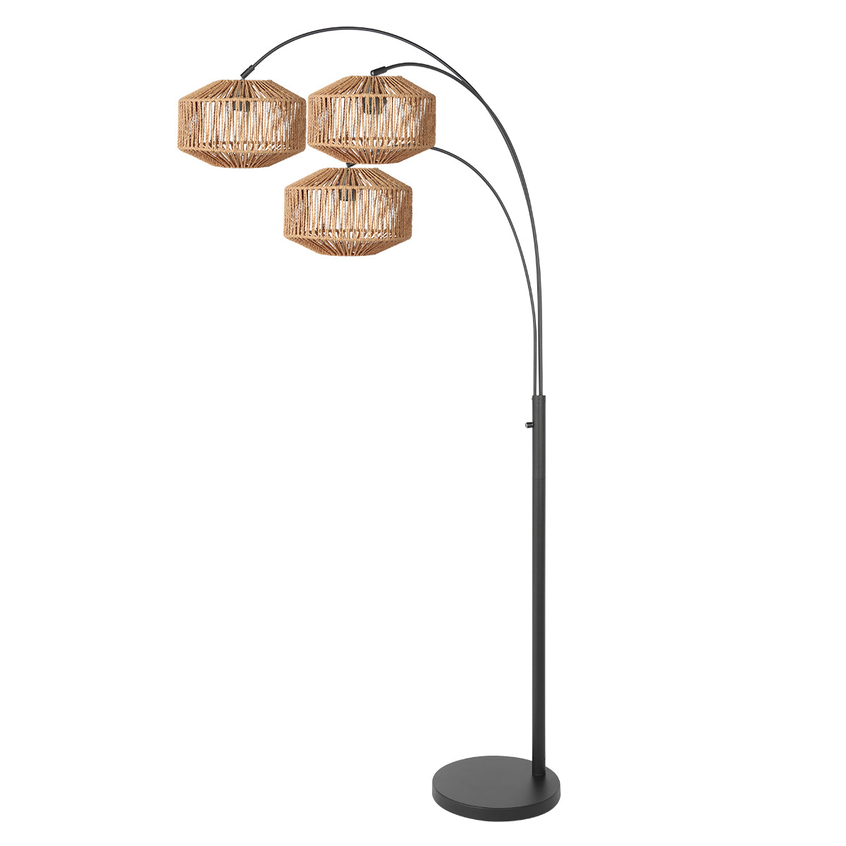 Lampadaire arc Cordéo de profil, trois arcs noirs déployés avec abat-jours en corde naturelle