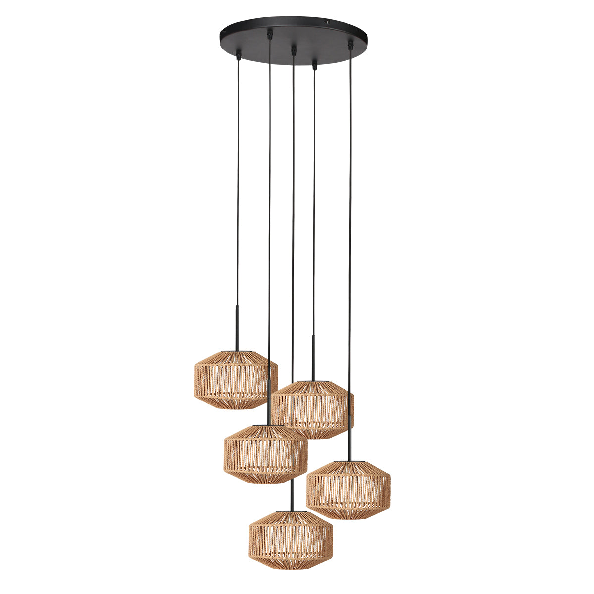 Suspension corde naturelle Nusa, cinq abat-jours tressés en cascade vus de trois quarts