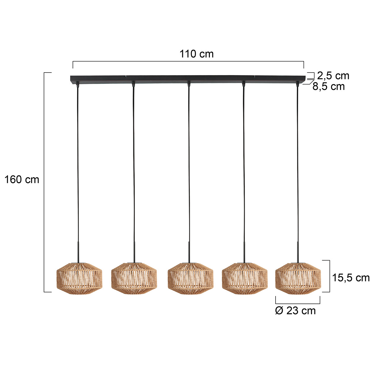 Plan coté de la suspension Cordéa : barre 110 cm, hauteur 160 cm, abat-jour Ø 23 cm
