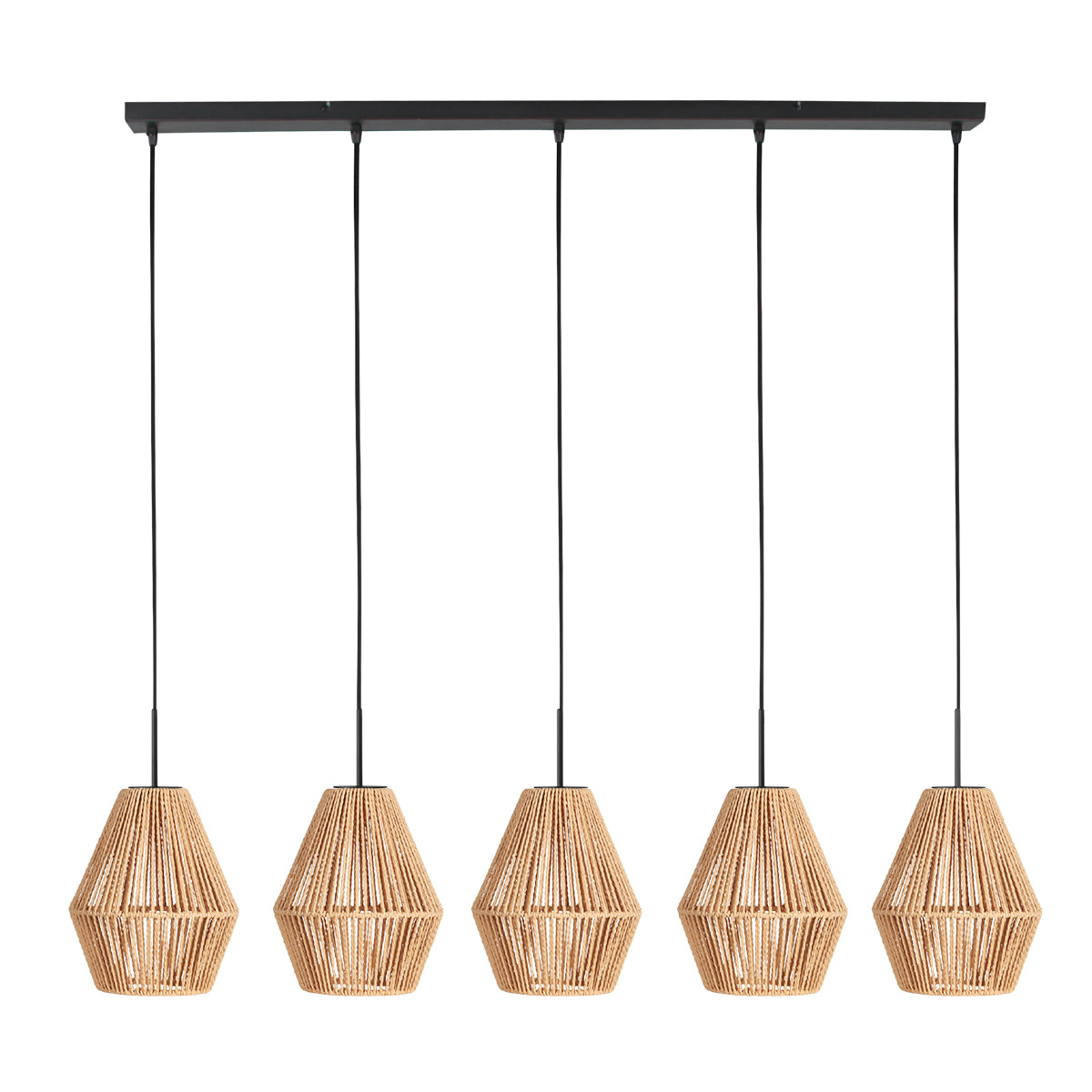 Suspension corde tressée à 5 lumières, vue de face sur fond blanc