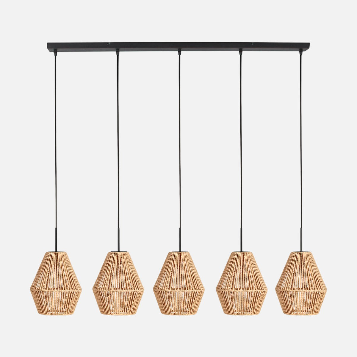 Suspension barre en corde tressée beige, 5 abat-jours diabolo sur barre noire 110 cm