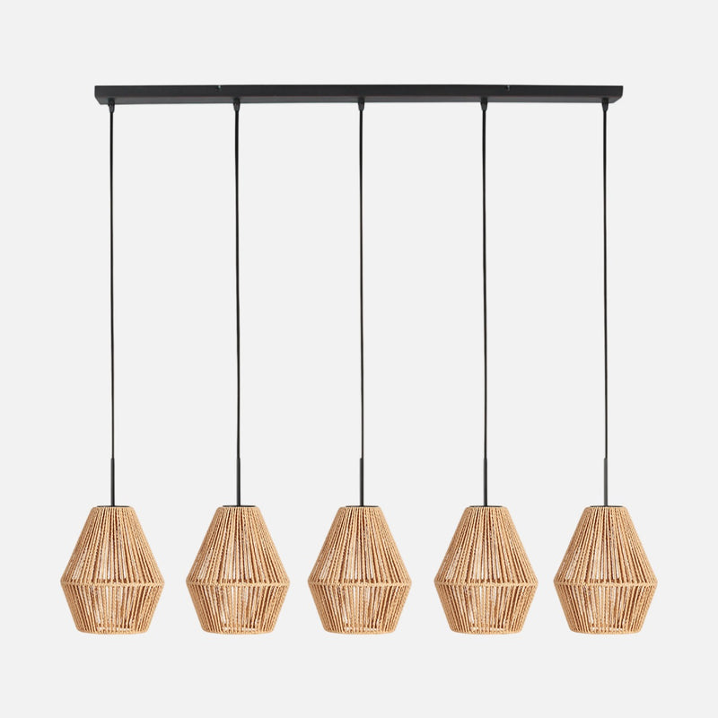Braided rope bar pendant light, 5 beige diabolo lampshades 110 cm | Bintan