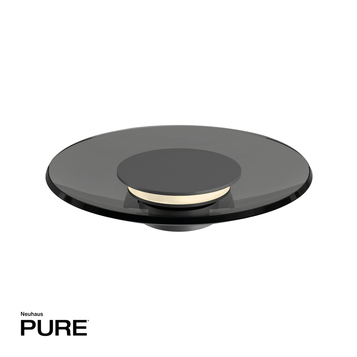 Vue en plongée du luminaire circulaire sur fond blanc, avec logo de marque en bas.