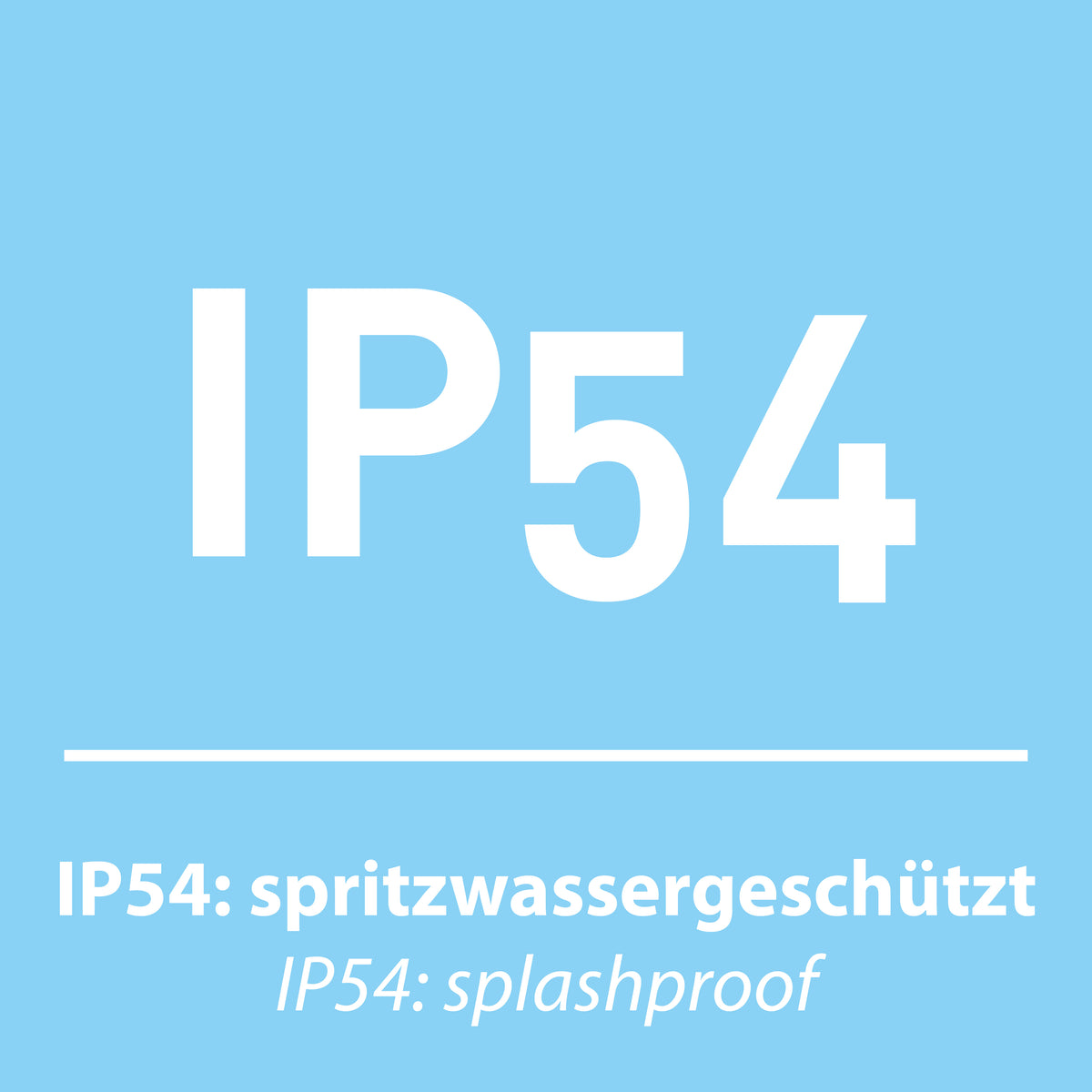 Visuel graphique bleu annonçant la protection IP54 contre les projections d'eau.