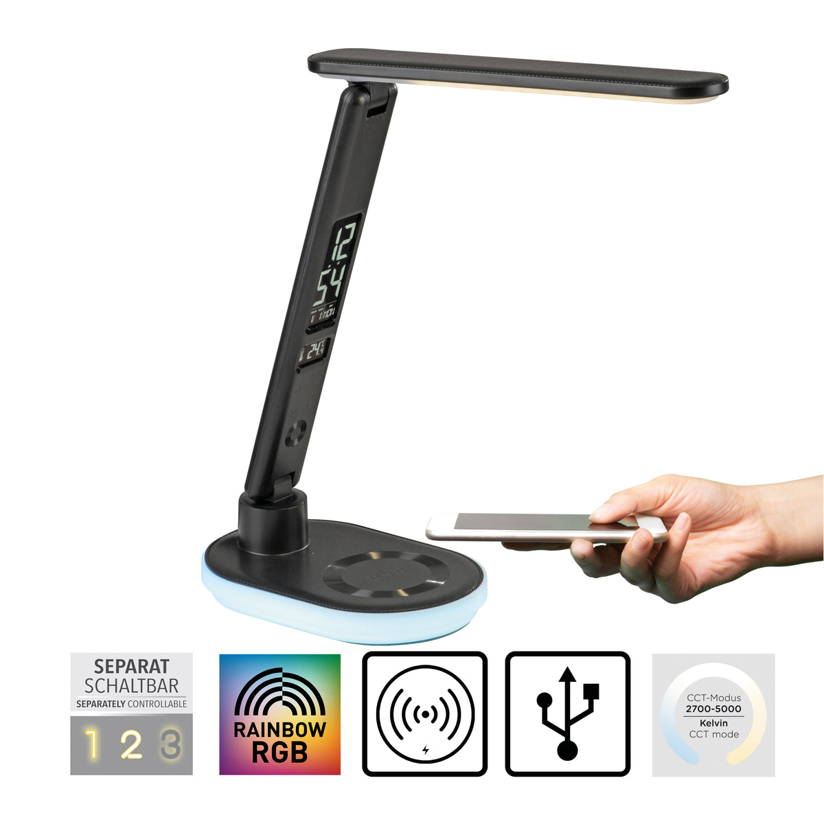 Vue produit avec main posant un smartphone sur le socle, icônes recharge sans fil et USB.