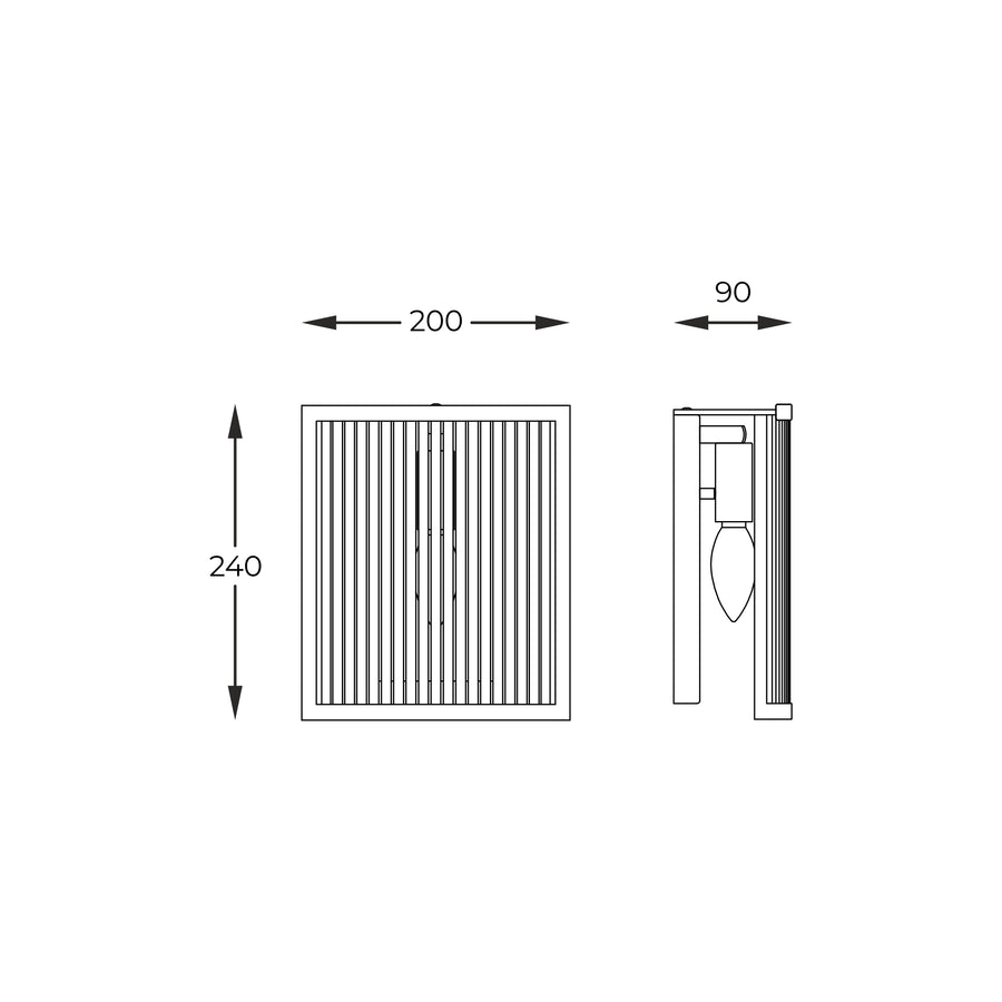 Schéma coté : largeur 200 mm, hauteur 240 mm, profondeur 90 mm