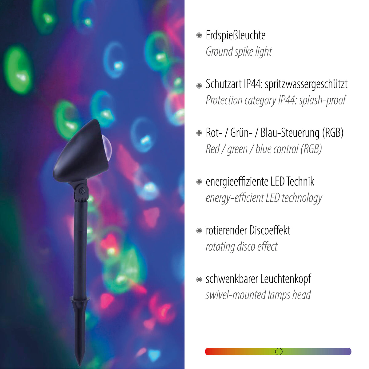 Mise en ambiance nocturne avec halos colorés et liste des caractéristiques produit